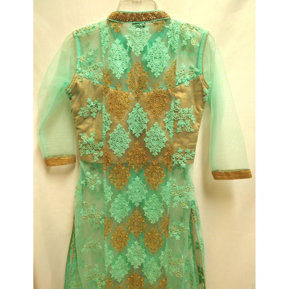 womens fancy SOCTH turquois‎ & gold saree top and cover, size L - Picture 3 of 16
